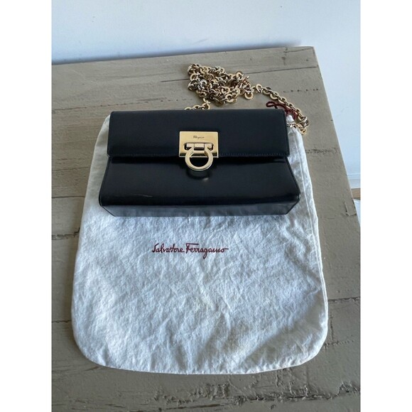 Salvatore Ferragamo Gancini Black Leather Gold Tone Chain Crossbody Shoulder Bag - Picture 7 of 16
